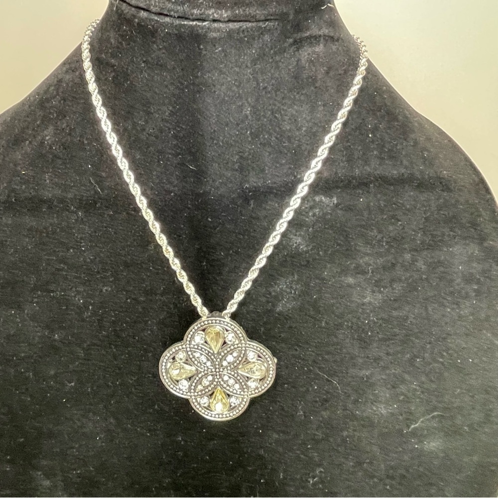Elegant Silver and Black Pendant Necklace/Pin with Rope Chain